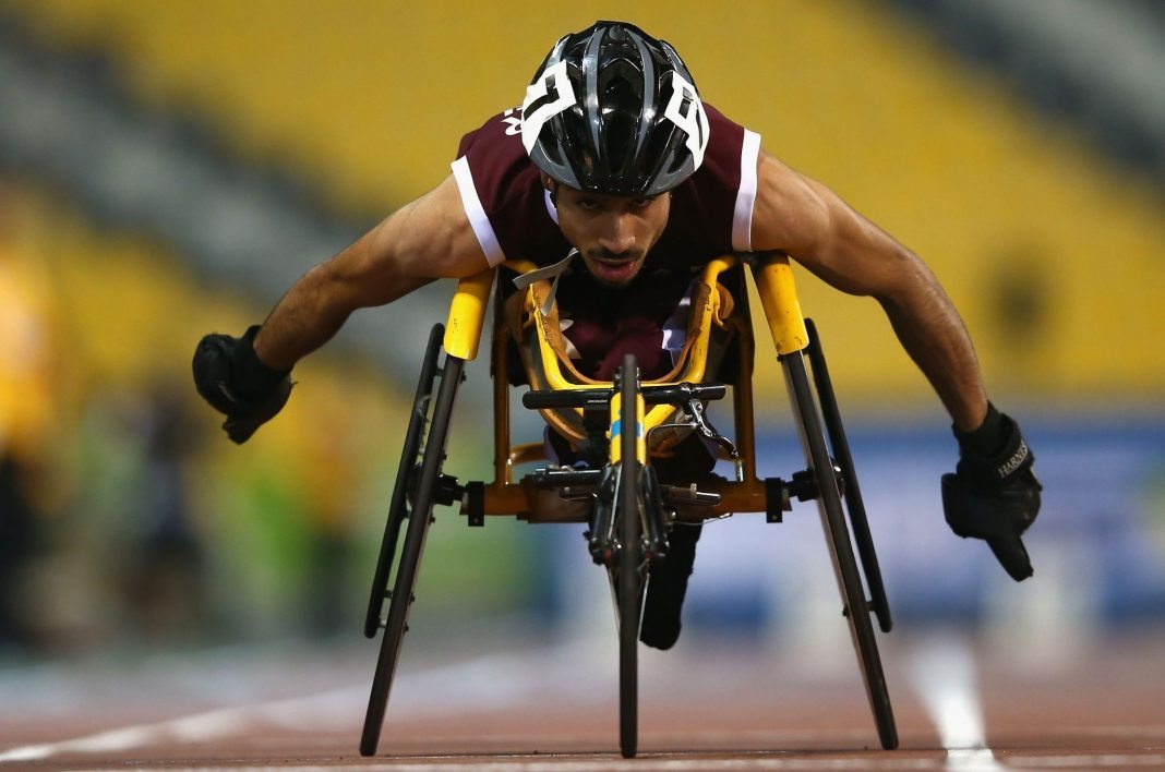 Mohammed Rashid Al Kubaisi of Qatar competes in the men's 100m T34 heats