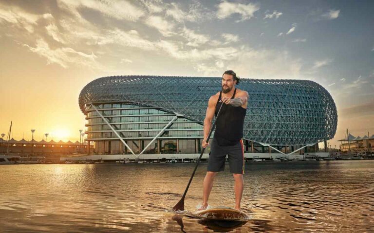 A new CIO is in town – Hollywood sensation Jason Momoa paddles his way to Yas Island Abu Dhabi as the new Chief Island Officer
